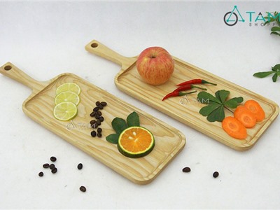 Khay gỗ chữ nhật đựng đồ ăn có tay cầm số 27